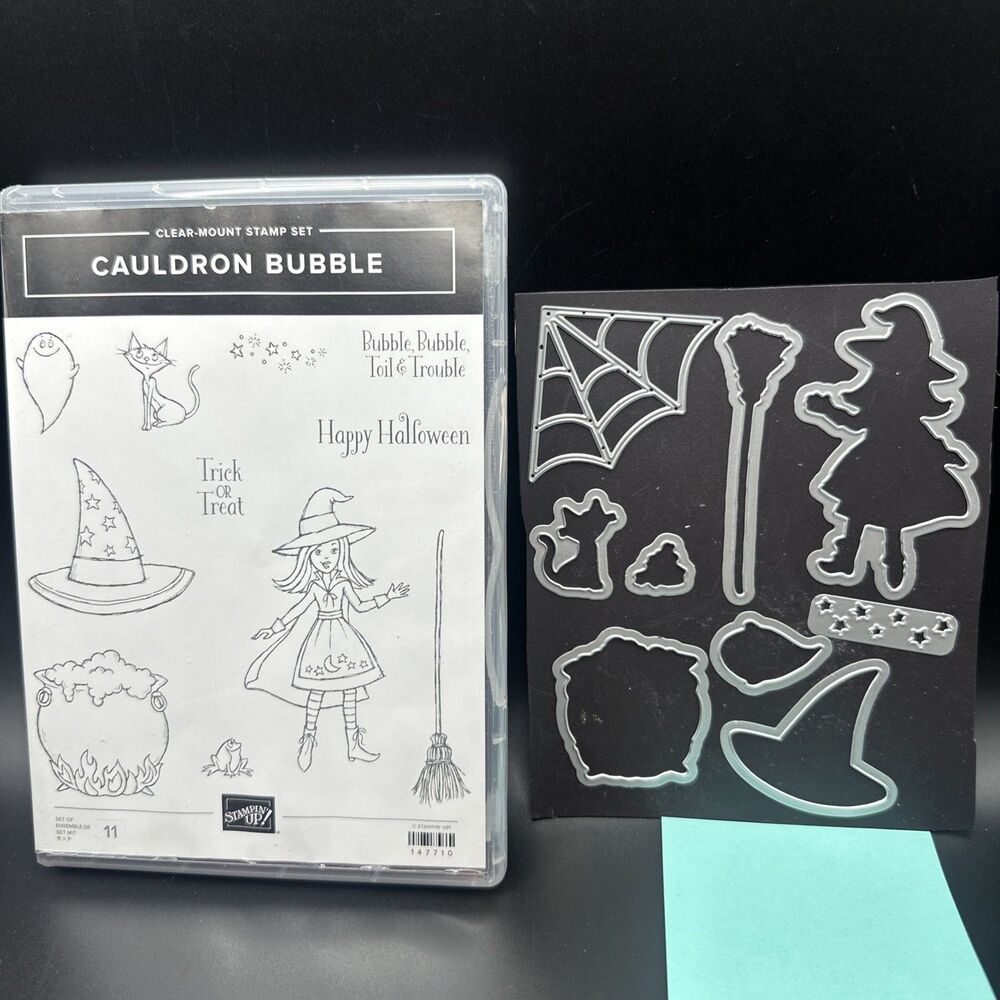 Stampin Up CAULDRON BUBBLE Stamp Set & Dies Halloween Witch Hat Broom Cat